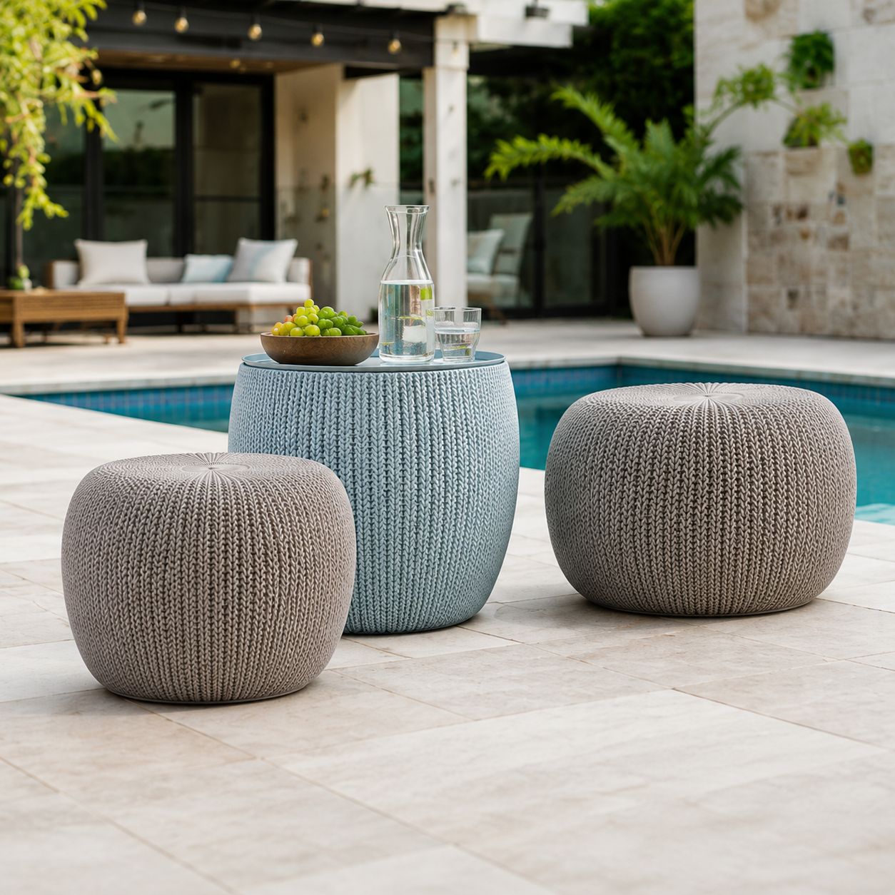 Keter Cozy 3-Piece Indoor/Outdoor Conversation Set with 41L Storage Table, Weather-Resistant Nesting Design, Grey/Blue (17202493GRB)