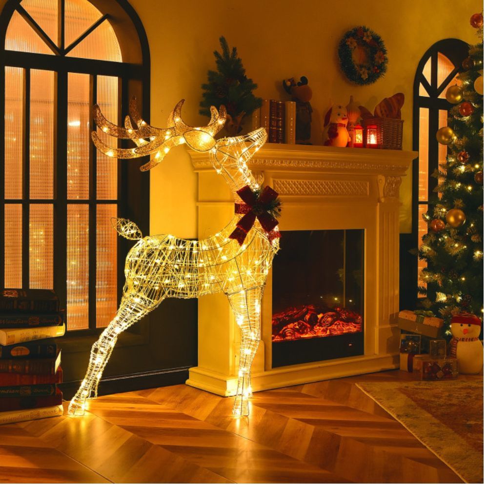 Costway Lighted Standing Reindeer with Stakes - Christmas Decoration with 120 Warm White LED Lights, Waterproof Glitter Tinsel &amp; Red Bow, Rust-Resistant Steel Frame, Indoor/Outdoor (EU10018US)
