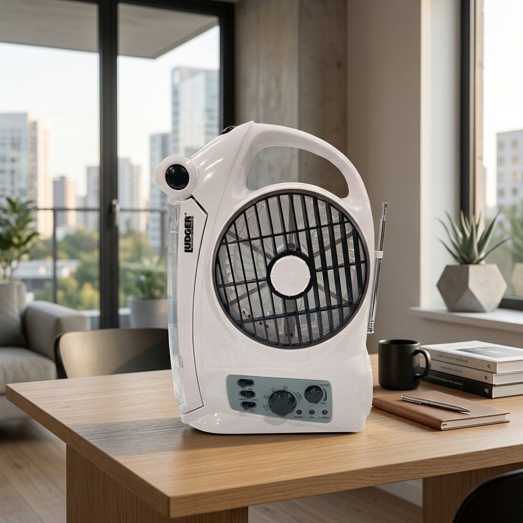 LUDGER 5" MULTIFUNCTIONAL RECHARGEABLE FAN WITH LED LIGHT &amp; AM/FM RADIO – EL-8205RF