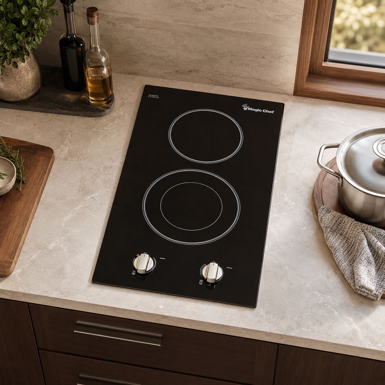 Magic Chef Space-Saving 12" 220V Electric 2 Burner Ceramic Glass Cooktop with Front Controls in Black (MCSCTE12BG1)