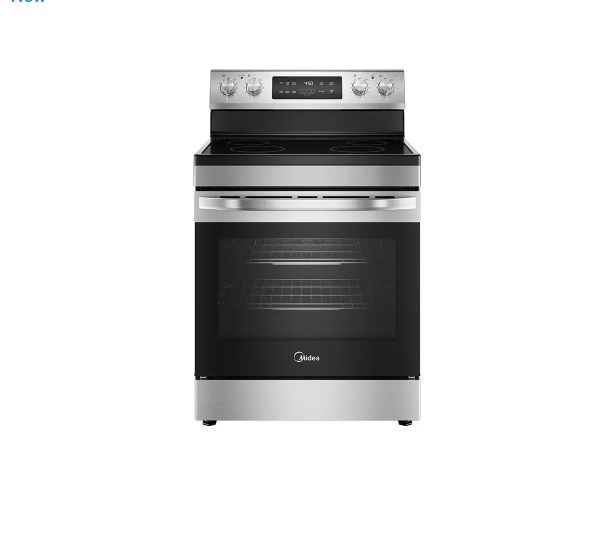Midea 6.3 CuFt Electric Range with 4 Burners, Color: Steel
