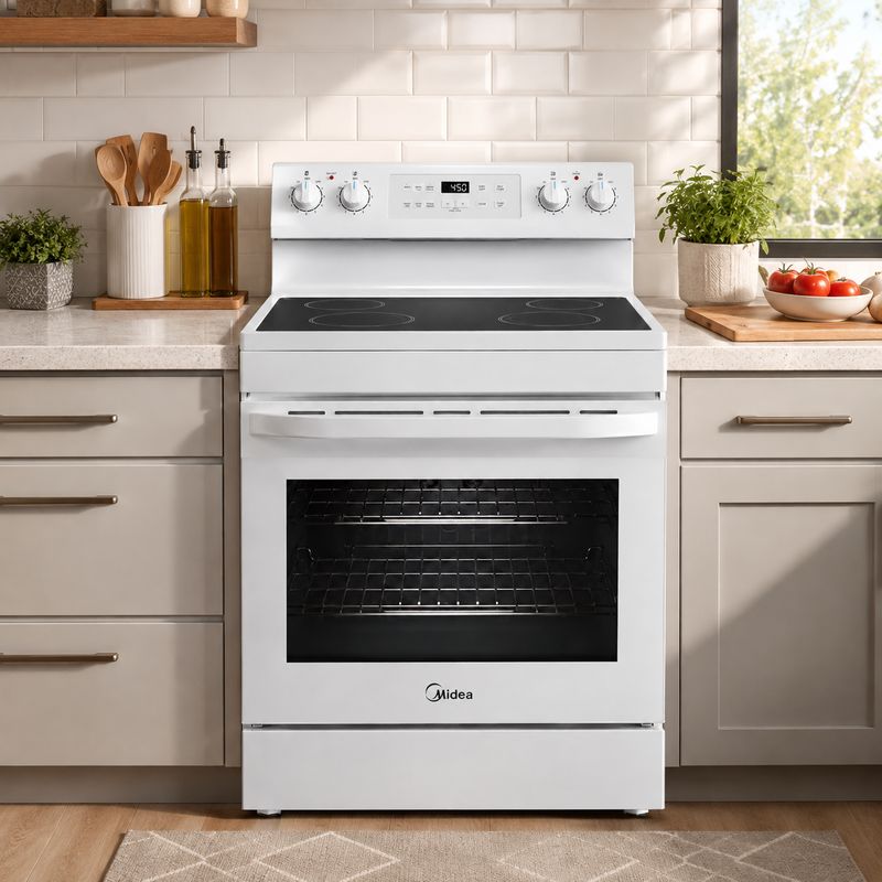 Midea 30" Freestanding Electric Range with 6.3 Cu. Ft. Oven, 4 Radiant Burners, Ceramic Glass Cooktop &amp; Steam Clean MER30S2A