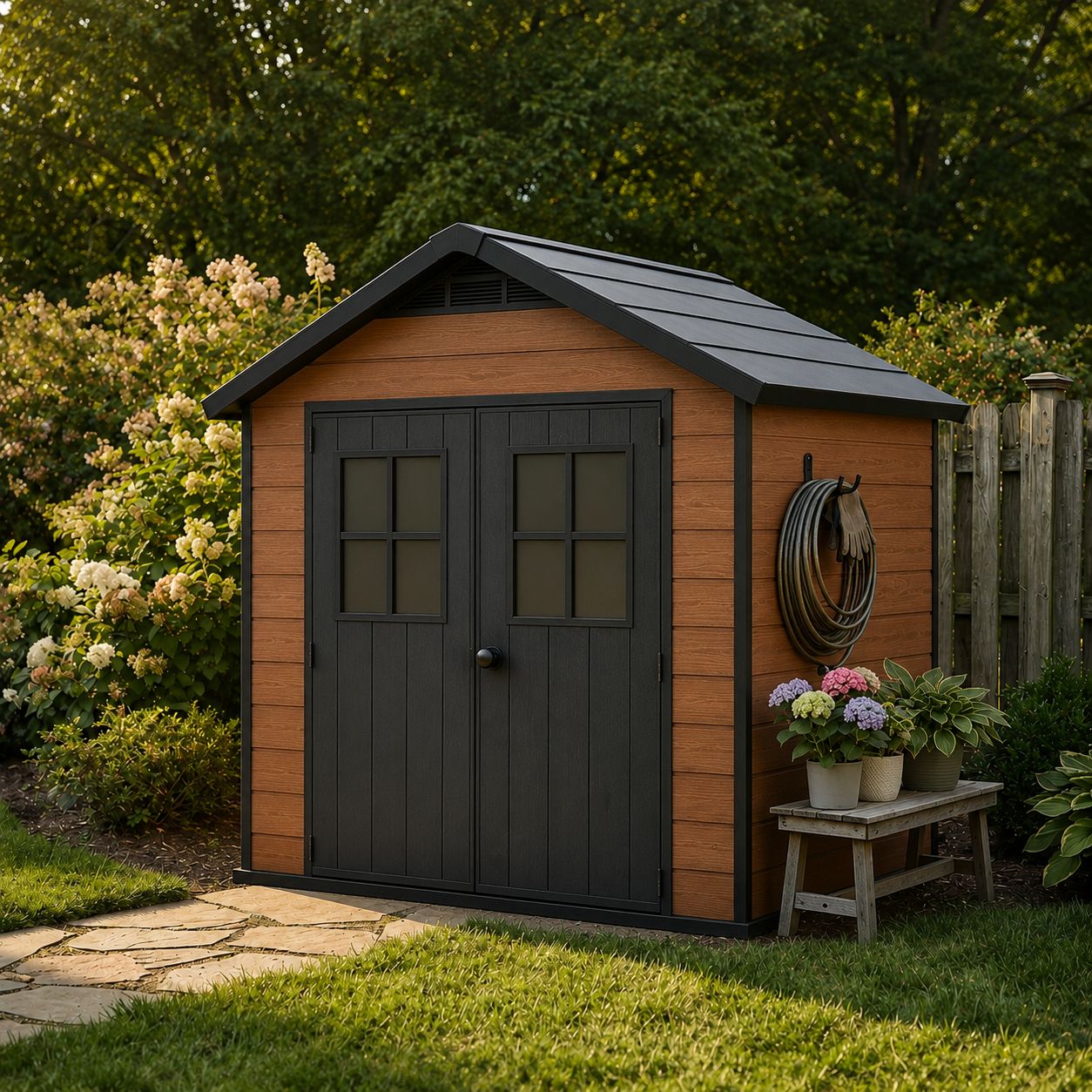 Keter Newton 757 Outdoor Storage Shed, Wood-Look Low-Maintenance Design, 8x7 Ft, Double Doors, Gable Roof, Brown (17208503)
