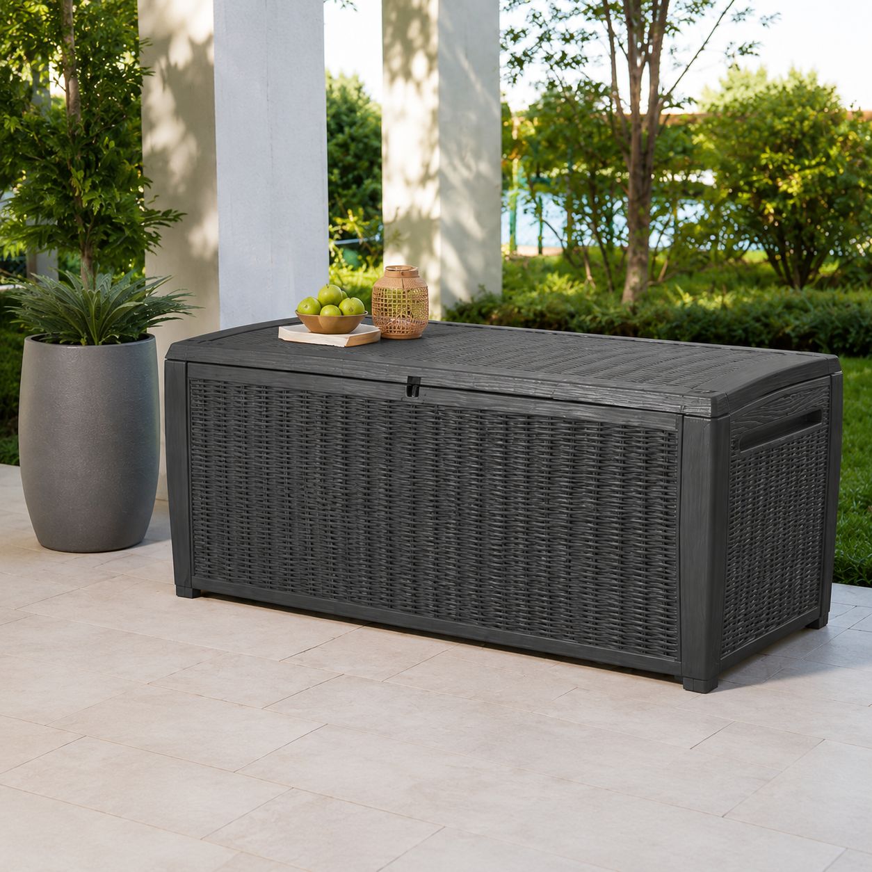 Keter Sumatra Outdoor Storage Deck Box - 135 Gal. Capacity, Rattan-Look Resin, Hydraulic Lid, Lockable, Graphite (17199852GRP)