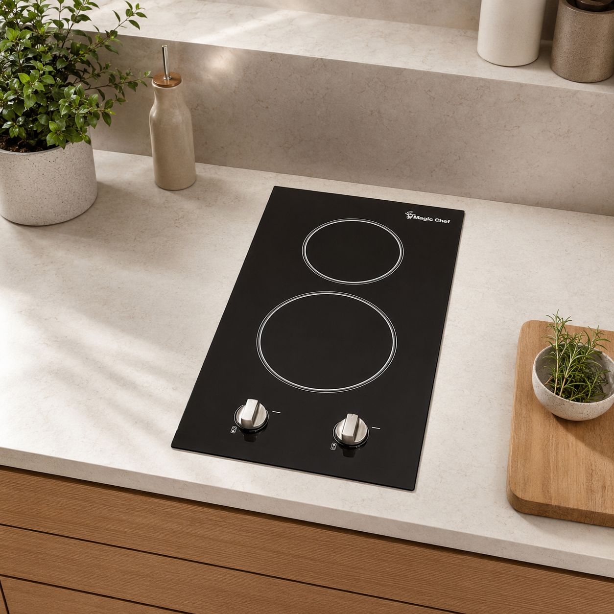 Magic Chef 12" Electric 2-Burner Ceramic Glass Cooktop with Schott Ceran® Surface, Built-In, 2600W, Black (MCSCTE12BG2)