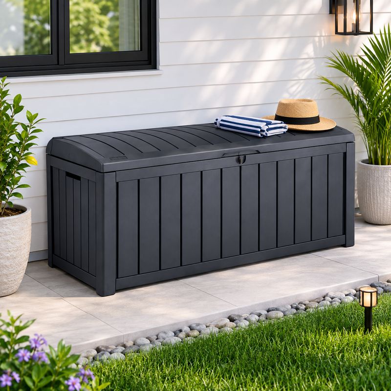 Keter Glenwood Plastic Outdoor Storage Container Box - Weather-Resistant Deck Box with Wood-Look Finish, Doubles as Seating, 101 Gal., Graphite (17193522)
