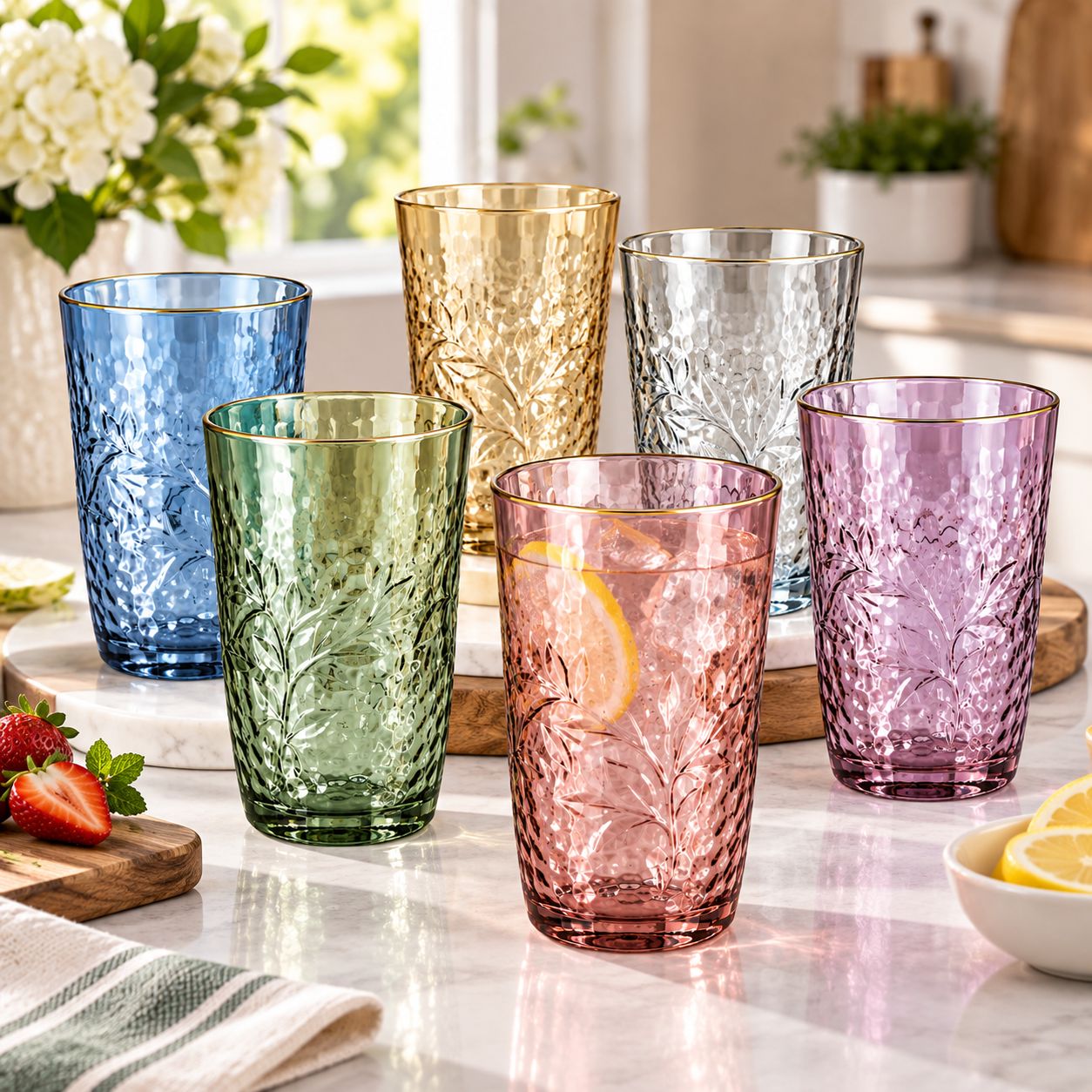 GIBSON LAURIE GATES CALIFORNIA DESIGNS AUDREY HILL 6-PIECE 16 OZ GLASS TUMBLER SET, ASSORTED METALLIC COLORS – MODEL 138937.01