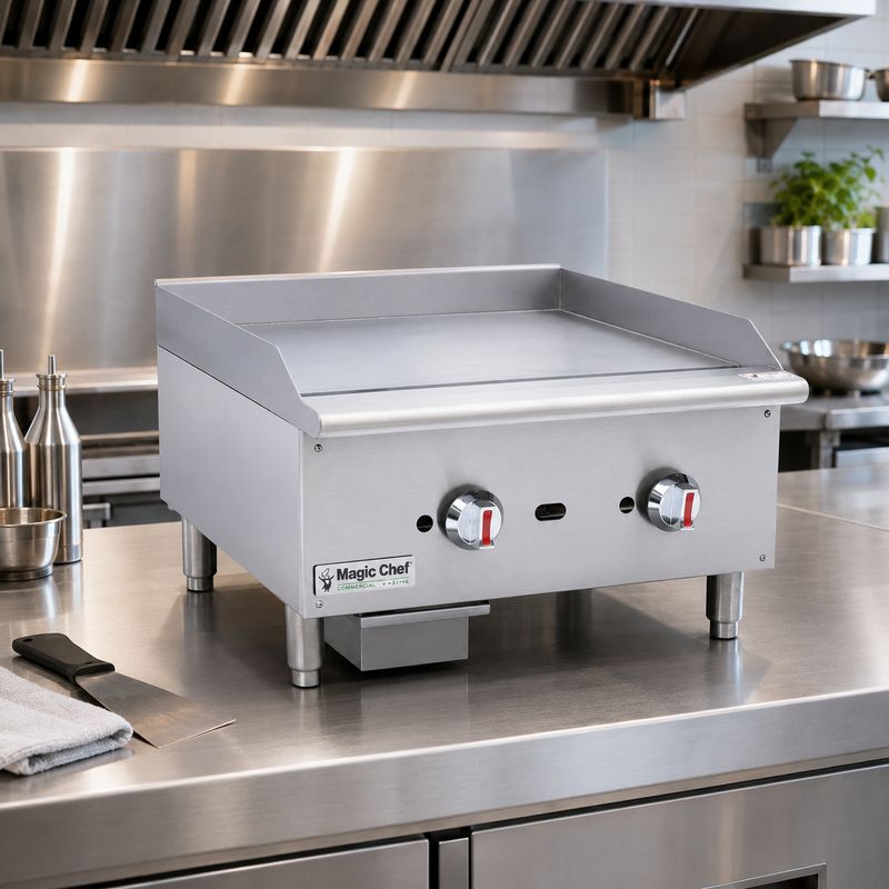 Magic Chef Commercial 24" Thermostatic Countertop Gas Griddle, 60,000 BTU Dual U-Shaped Burners, 5/8" Plate, Stainless Steel (M24TG)