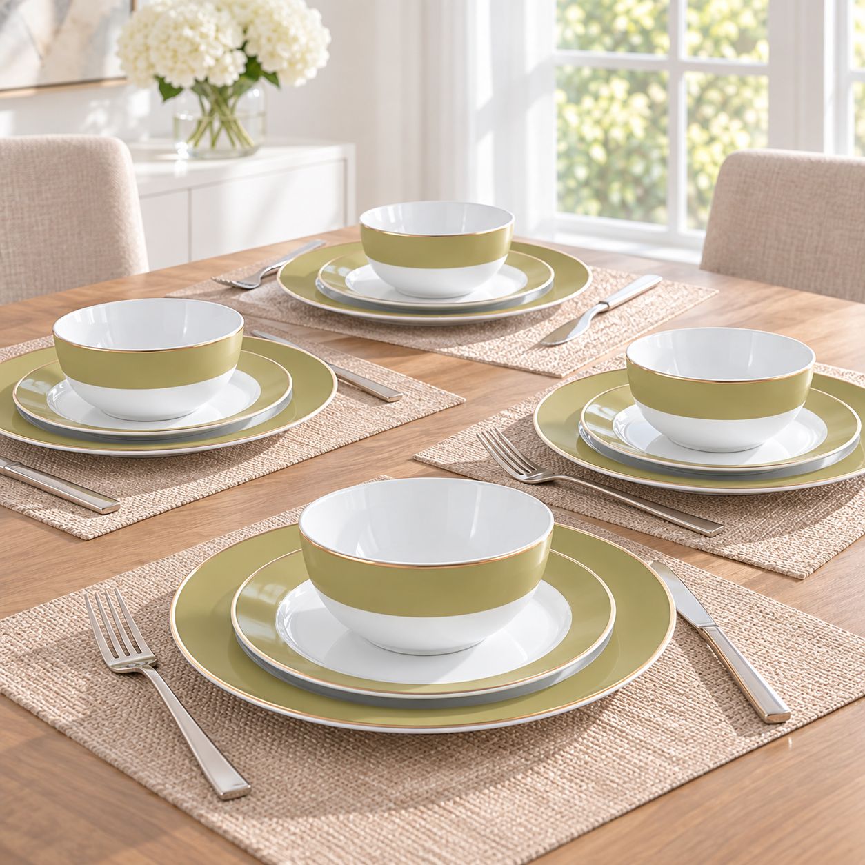 GIBSON MARTHA STEWART GRACIE LANE 12-PIECE FINE CERAMIC DINNERWARE SET, OLIVE GREEN WITH GOLD RIM, SERVICE FOR 4 — SKU 97243.12