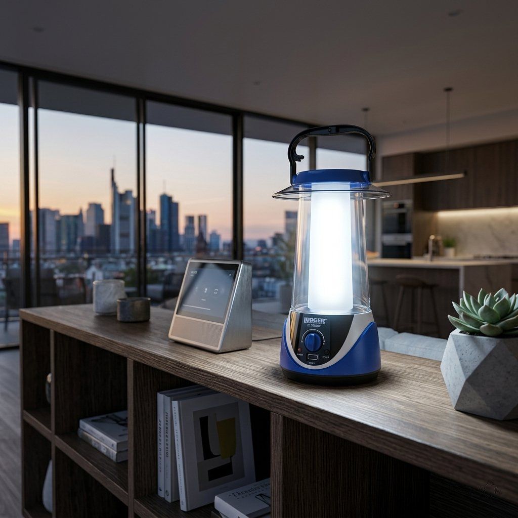 LUDGER POWER &amp; LIGHT SOLAR RECHARGEABLE EMERGENCY LED LANTERN WITH SOLAR PANEL, USB PHONE CHARGER &amp; 360° LIGHT DISTRIBUTION – BLUE – EL-536USV – UPC 784644755600