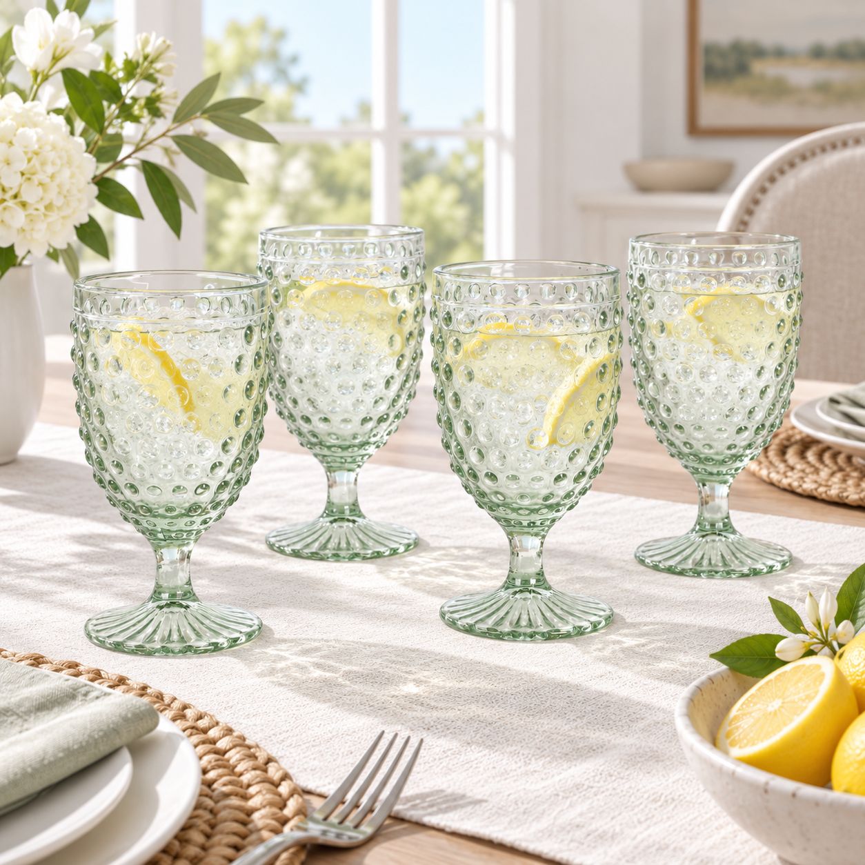 GIBSON MARTHA STEWART CHAUNCEY 4-PIECE 13.3-OUNCE HOBNAIL HANDMADE GLASS GOBLET SET, GREEN VINTAGE-INSPIRED STEMMED DRINKWARE — SKU 142595.0