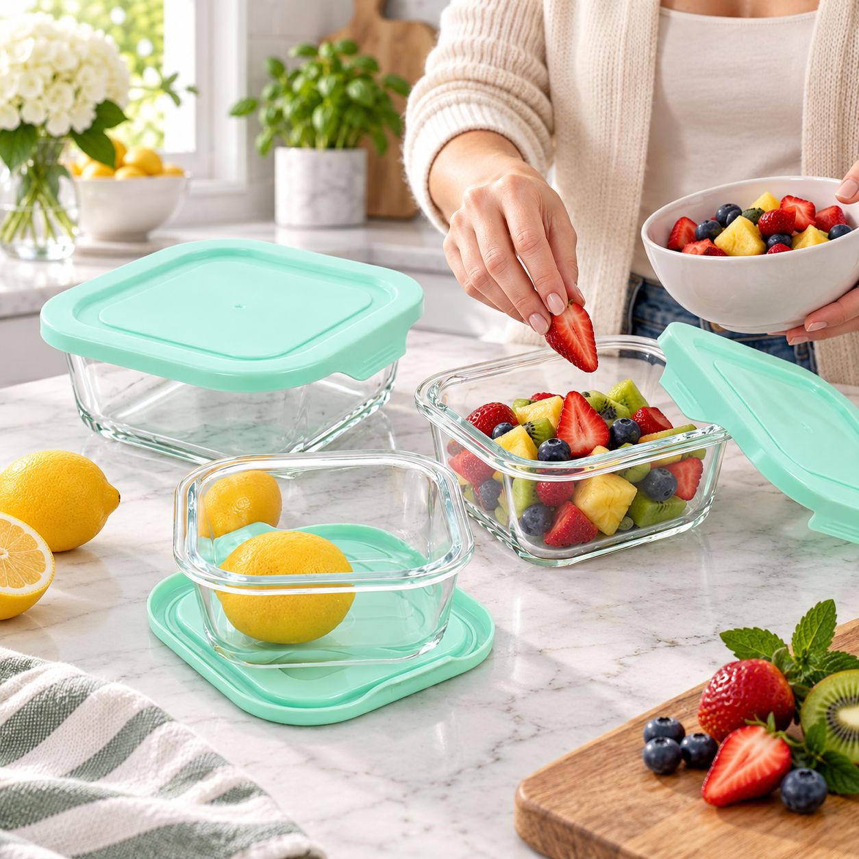 GIBSON MARTHA STEWART HADSELL 6-PIECE BOROSILICATE GLASS SQUARE STORAGE CONTAINER SET, 27 OZ, 17.6 OZ AND 10.8 OZ WITH MARTHA BLUE POP LIDS — SKU 131111.06