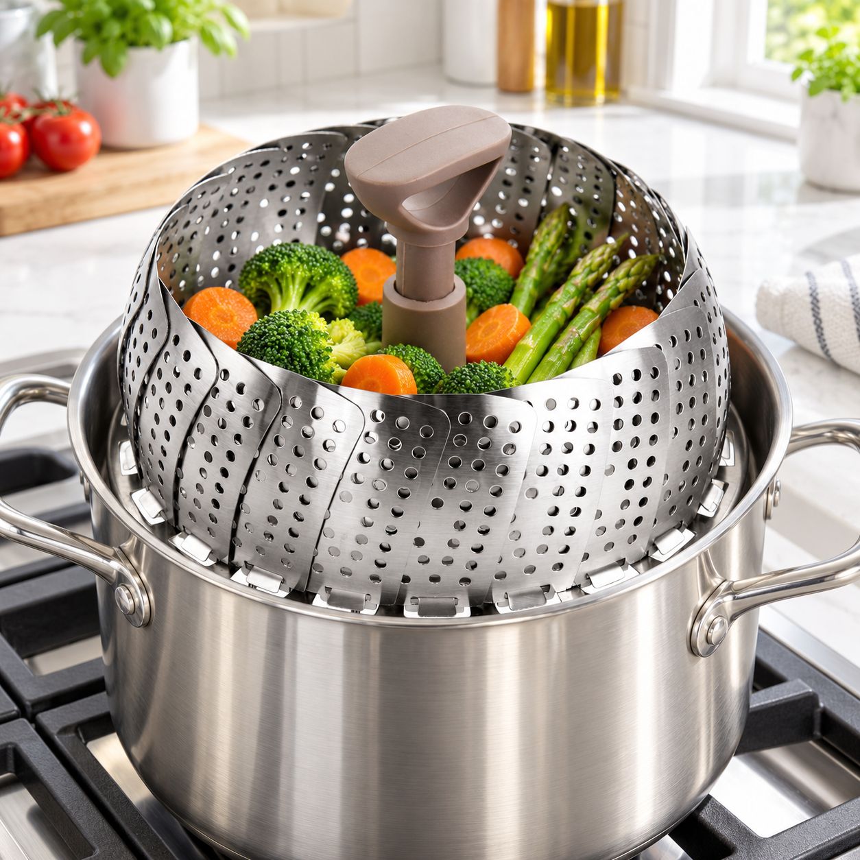 GIBSON MARTHA STEWART RICHBURN STAINLESS STEEL TELESCOPIC FOLDING STEAMER INSERT WITH HANDLE, TAUPE, ADJUSTABLE FOR 5.5- TO 9-INCH POTS — SKU 141060.01
