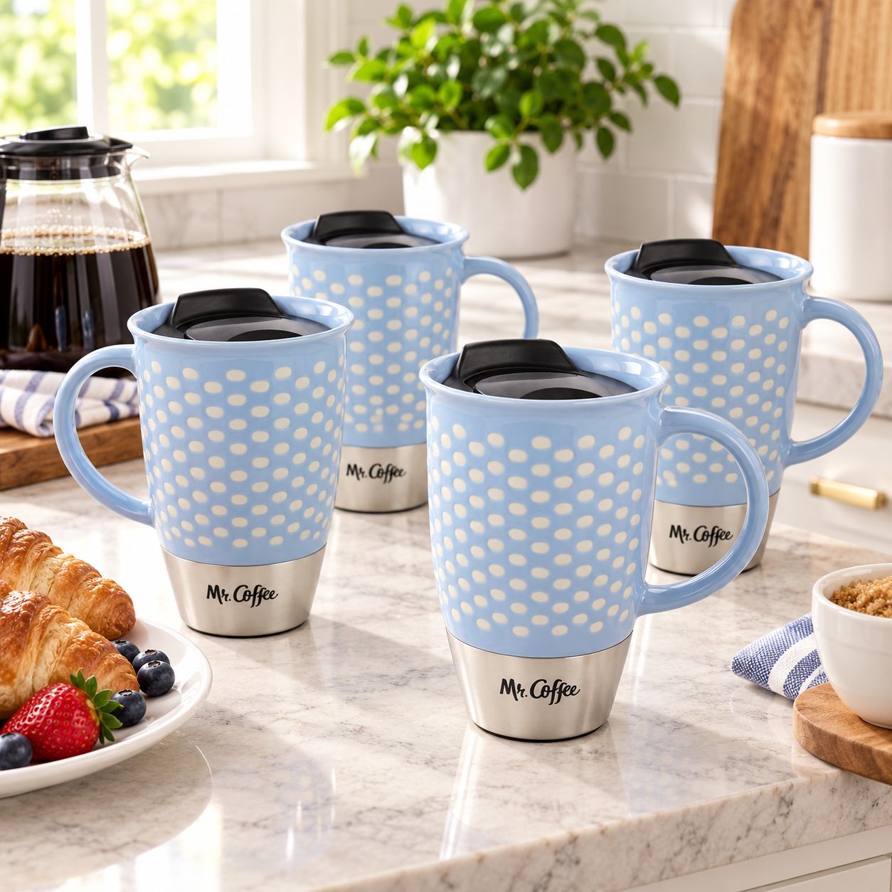 GIBSON Mr. Coffee Coupleton Dot 4 Piece 15 Ounce Stoneware and Stainless Steel Travel Mug Set 138933.0 1