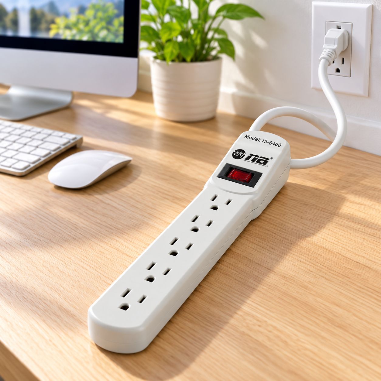 NIPPON AMERICA 6-OUTLET AC POWER STRIP WITH 400-JOULE SURGE PROTECTION, 2-FT CORD, 15A / 120V / 1800W, WHITE – MODEL 13-6400