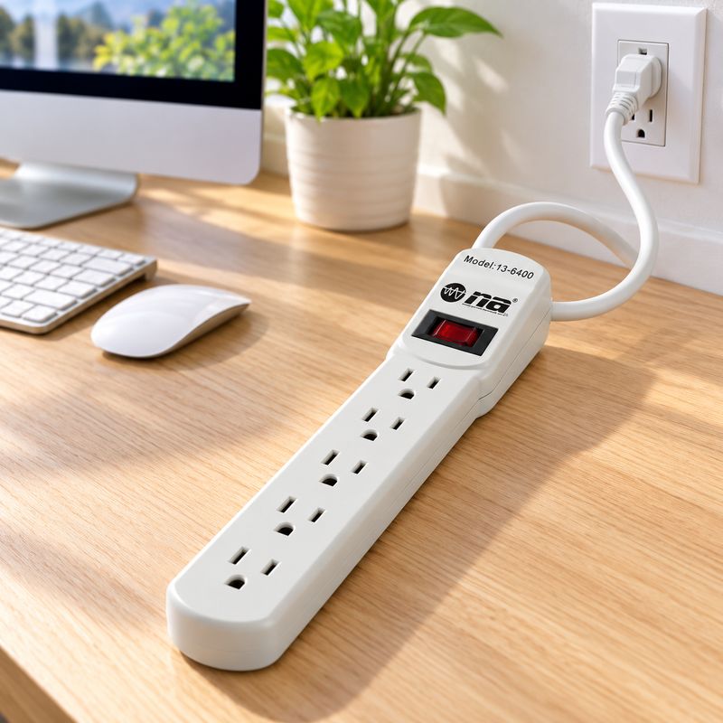 NIPPON AMERICA 6-OUTLET AC POWER STRIP WITH 400-JOULE SURGE PROTECTION, 2-FT CORD, 15A / 120V / 1800W, WHITE – MODEL 13-6400