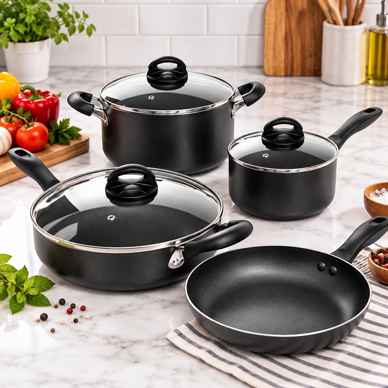 GIBSON OSTER CLAIBORNE 7-PIECE COOKWARE SET, MULTI-SIZE, BLACGIBSON OSTER CLAIBORNE 7-PIECE COOKWARE SET, MULTI-SIZE, BLACK – MODEL 141080.07RRK – MODEL 141080.07RR