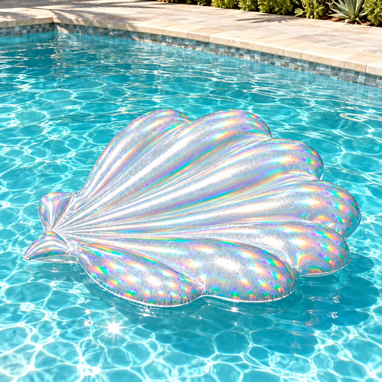 POOLCANDY INFLATABLE HOLOGRAPHIC COLOR-CHANGING JUMBO SEASHELL POOL FLOAT, APPROXIMATELY 53 × 51 INCHES, PVC CONSTRUCTION, 250 LB CAPACITY – PC4711HG
