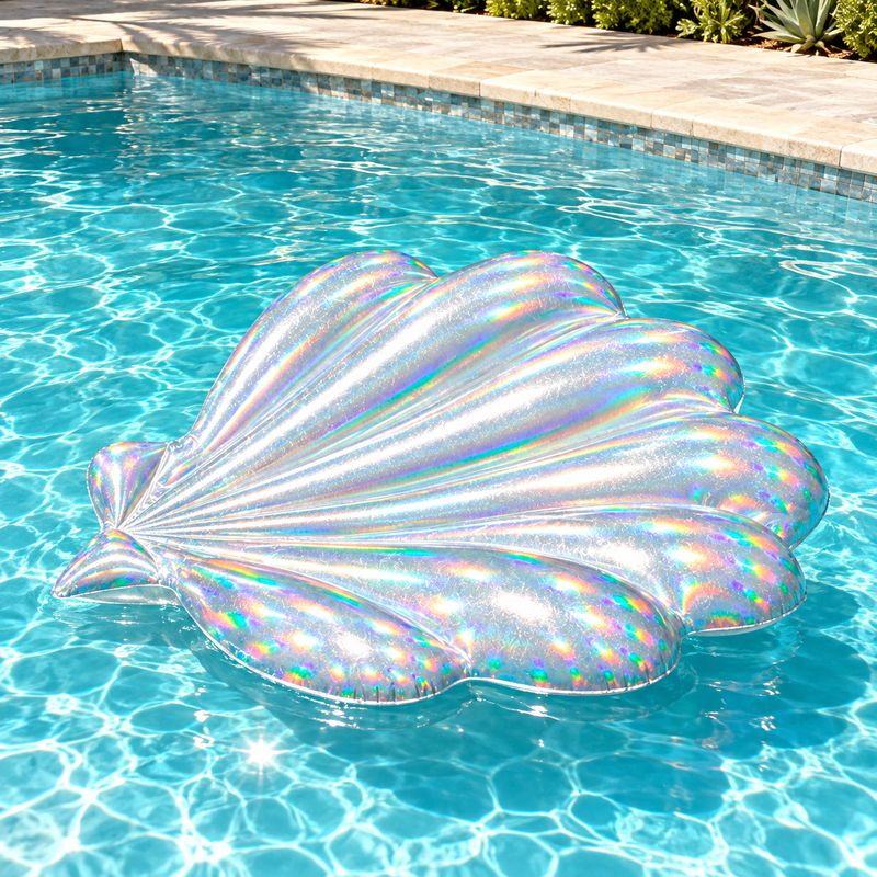 POOLCANDY INFLATABLE HOLOGRAPHIC COLOR-CHANGING JUMBO SEASHELL POOL FLOAT, APPROXIMATELY 53 × 51 INCHES, PVC CONSTRUCTION, 250 LB CAPACITY – PC4711HG