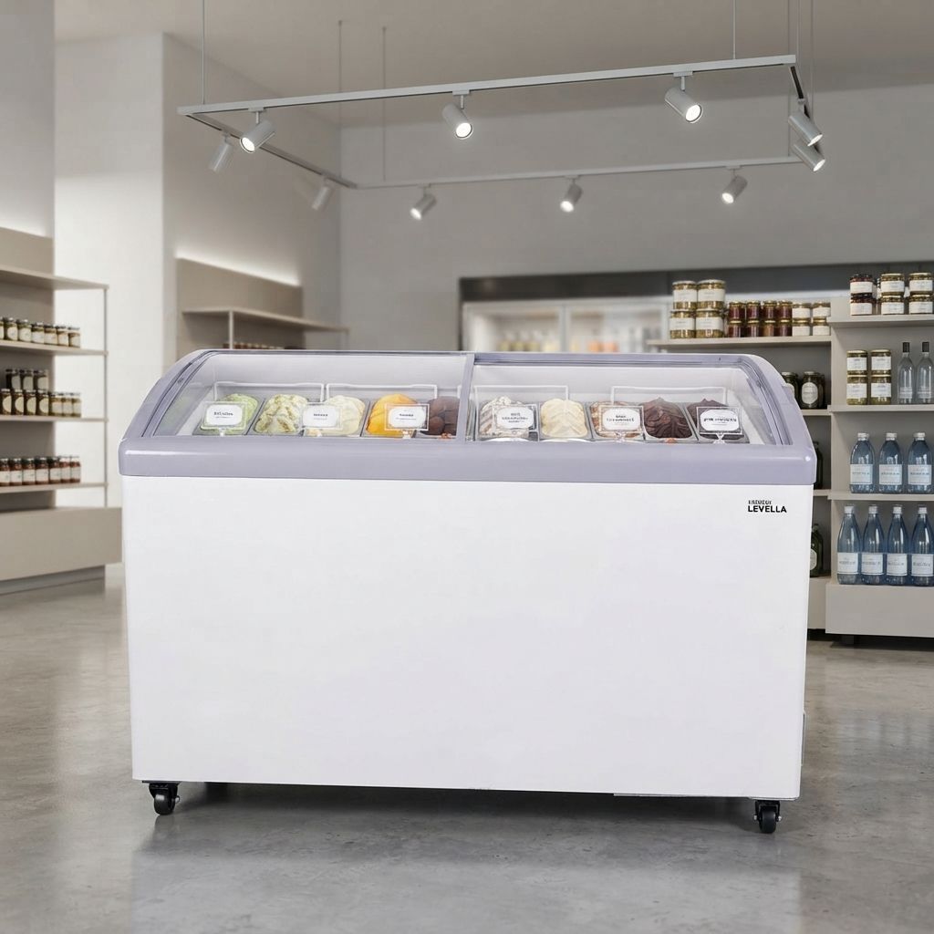 Premium Levella Curved Glass Door Display Freezer, 10.9 Cu. Ft. Convertible Freezer/Refrigerator with Fast Freeze &amp; 4 Removable Baskets (PFR1090G)