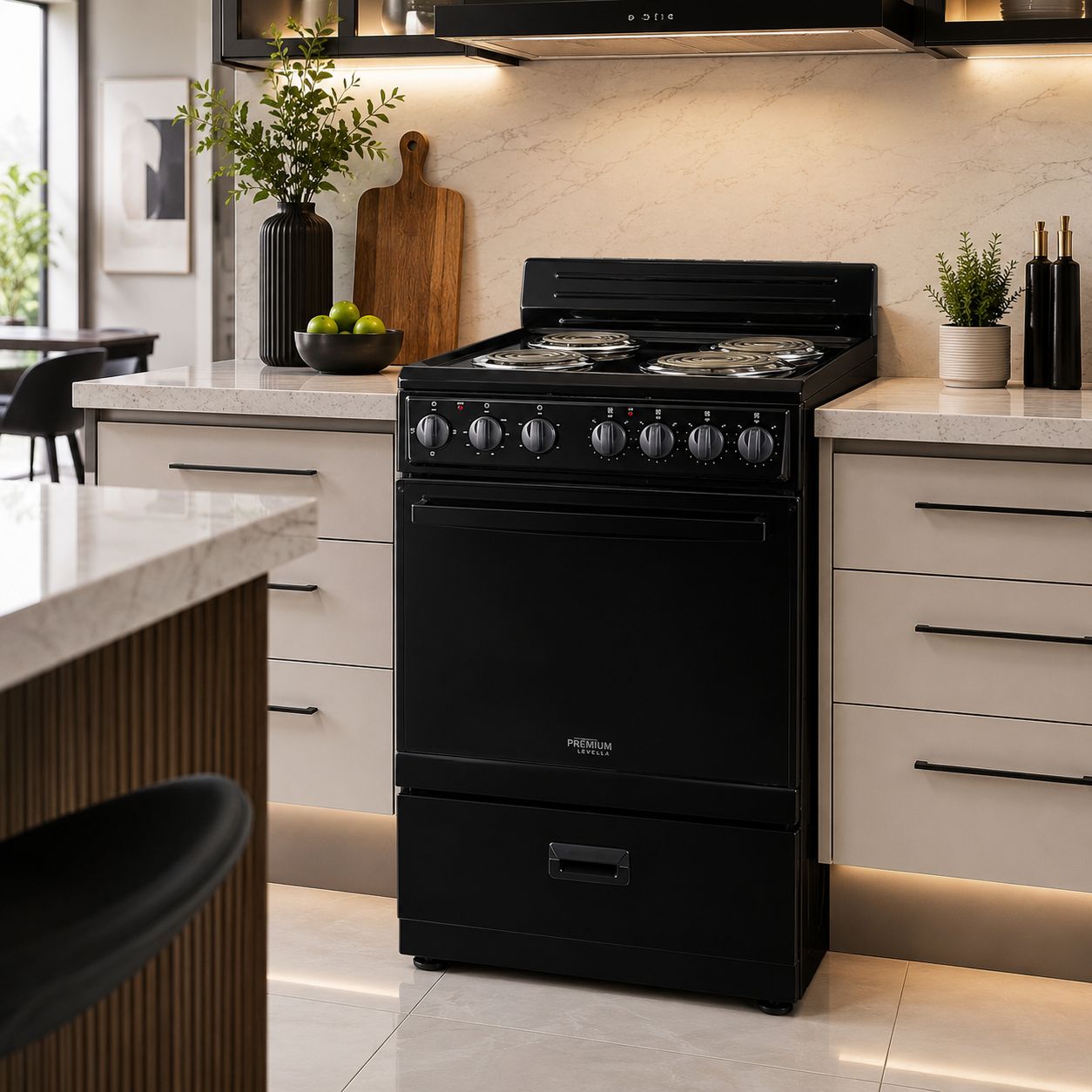 Premium Levella 24" Freestanding Electric Range with 4 Coil Burners, 2.6 Cu. Ft. Oven &amp; Mirrored Glass Door, 220V, Black (PRE2427GB)
