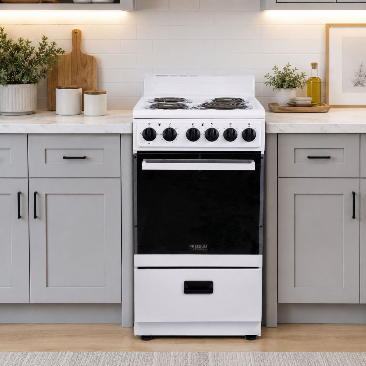 Premium Levella 20" Compact Electric Range with 2.1 Cu. Ft. Oven, 4 Burners, White (PRE2025GW)