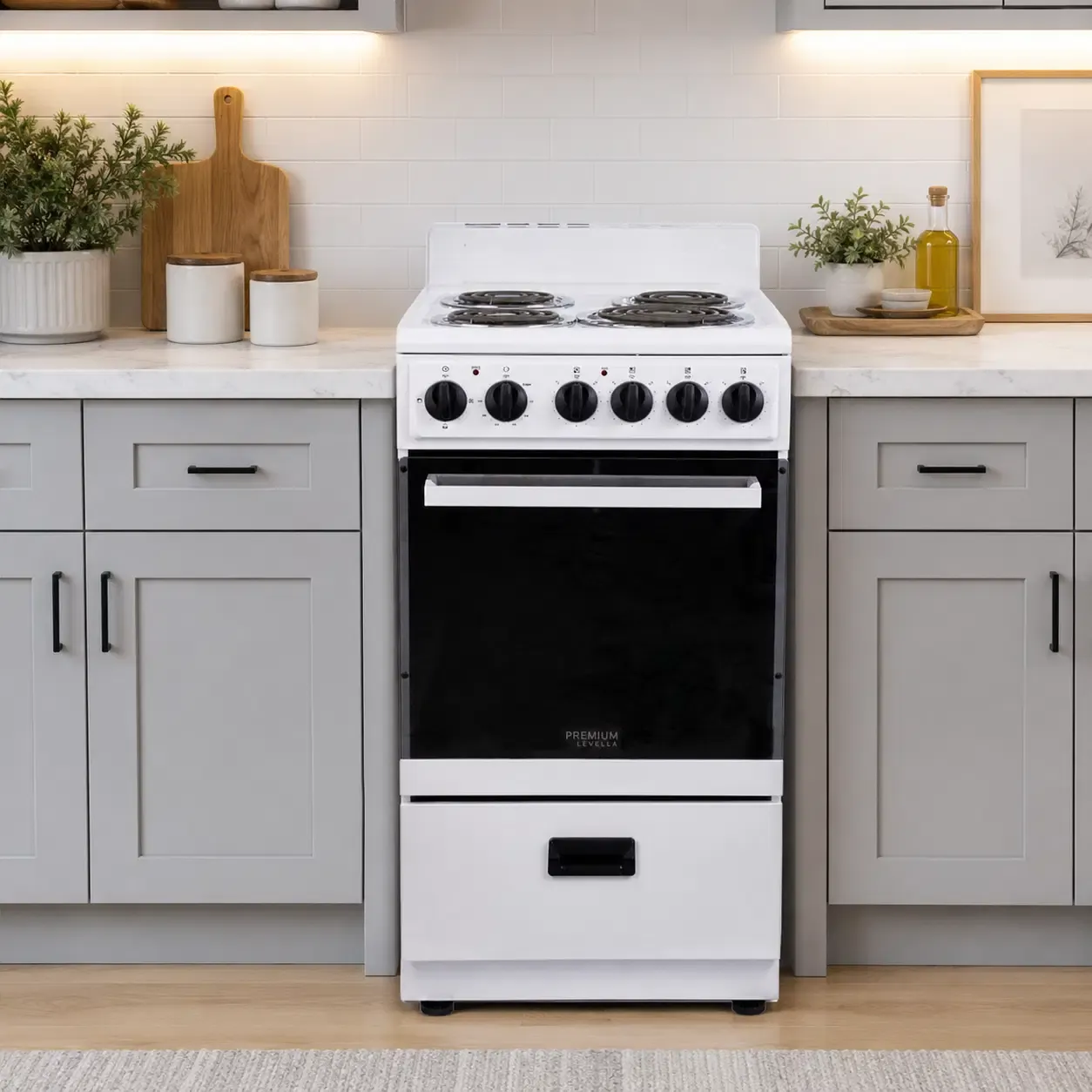 Premium Levella 20" Compact Electric Range with 2.1 Cu. Ft. Oven, 4 Burners, White (PRE2025GW)