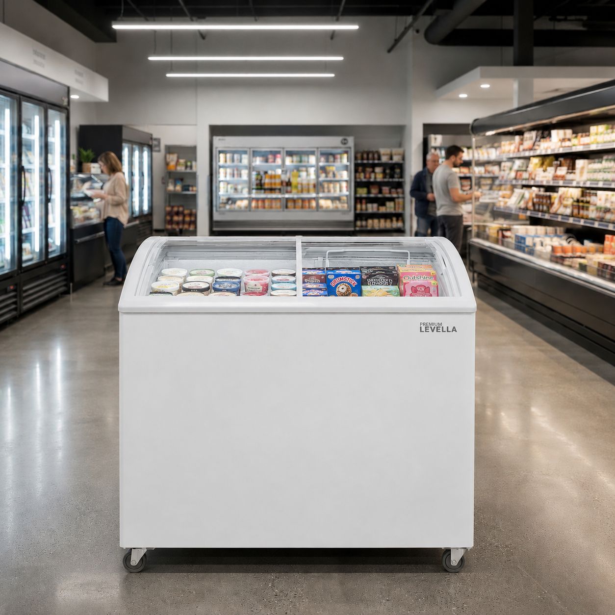 Premium Levella 5.9 Cu. Ft. Glass Door Freezer Refrigerator Display Merchandiser with Double Curved Sliding Doors &amp; Commercial Casters (PFR5901G)