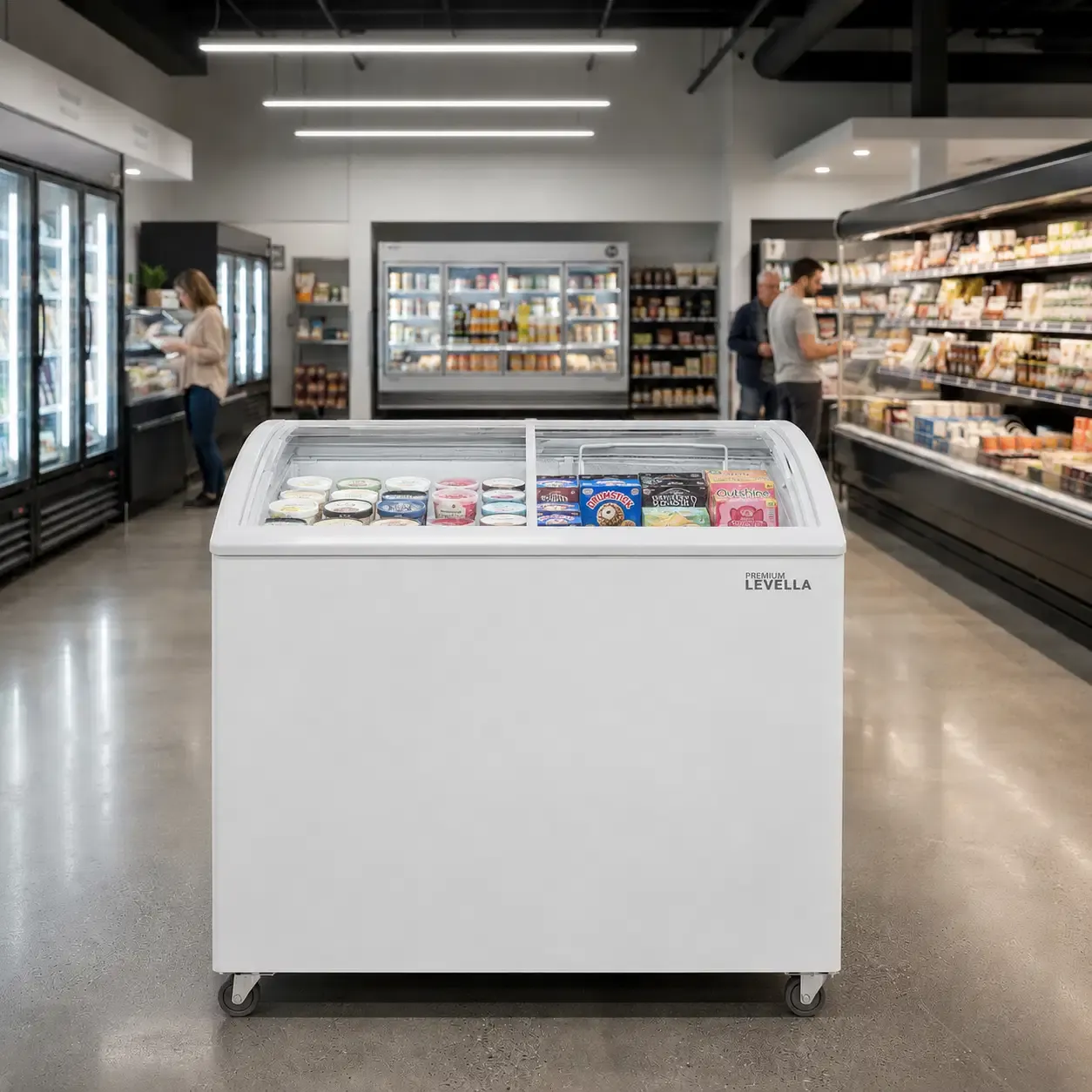 Premium Levella 5.9 Cu. Ft. Glass Door Freezer Refrigerator Display Merchandiser with Double Curved Sliding Doors &amp; Commercial Casters (PFR5901G)