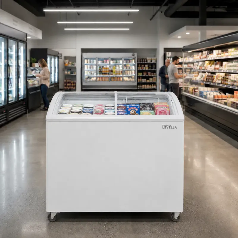 Premium Levella 5.9 Cu. Ft. Glass Door Freezer Refrigerator Display Merchandiser with Double Curved Sliding Doors &amp; Commercial Casters (PFR5901G)