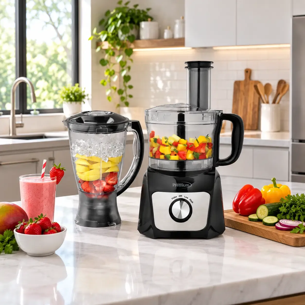 Premium Levella 2-In-1 Food Processor &amp; Blender Combo, 500W Motor, 64 Oz. Food Processor &amp; 50 Oz. Blender Jar, Stainless Steel Blades (PCFB50)