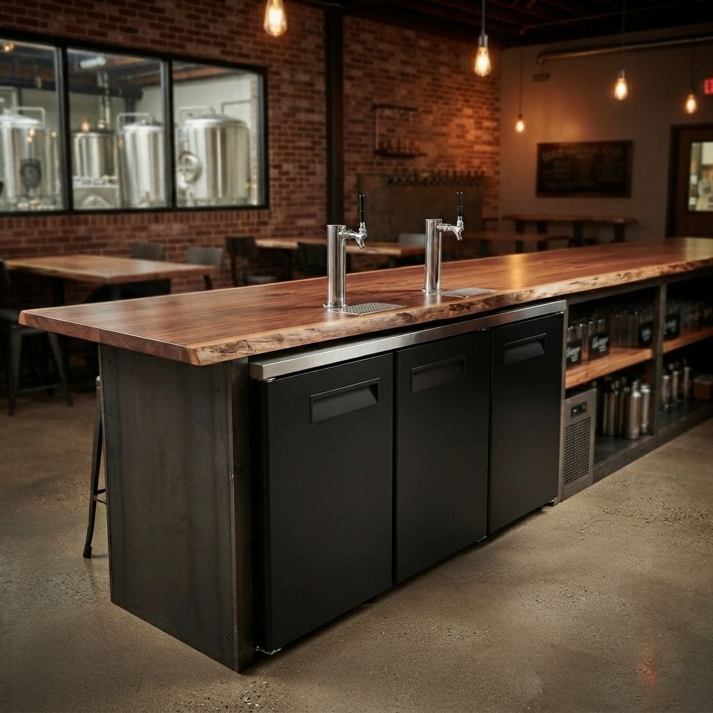 Norpole Commercial Direct Draw Beer Cooler - Holds 3 Half-Barrel Kegs, 20 Cu. Ft., Dual Draft Towers, Stainless Steel Countertop, Black Steel (NPBT-72)