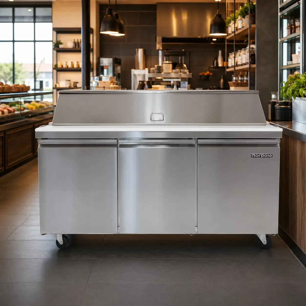 Norpole 70 In. 15.5 Cu. Ft. 3-Door Mega Top Sandwich-Salad Prep Table – Commercial Refrigerated Stainless Steel with Digital Temperature Control (NP3R-SWMT)