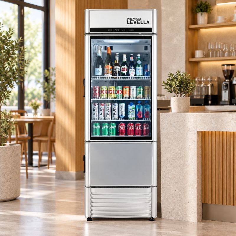 PREMIUM LEVELLA 12.5 Cu. Ft. Single Door Display Refrigerator with Automatic Ice Maker, Digital Temperature Control, LED Lighting and LOW-E Tempered Glass Door – PRFIM1256DX