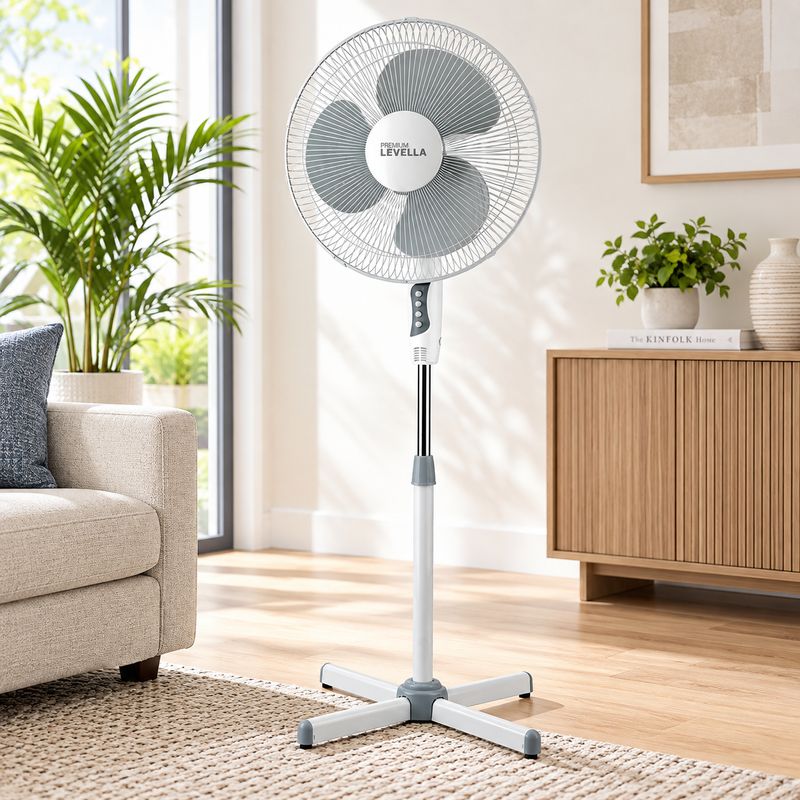 PREMIUM LEVELLA 16-INCH 3-IN-1 STAND, TABLE AND WALL FAN WITH 3 SPEEDS, OSCILLATION, EXTENDED CROSS BASE AND 45W MOTOR – PFS169