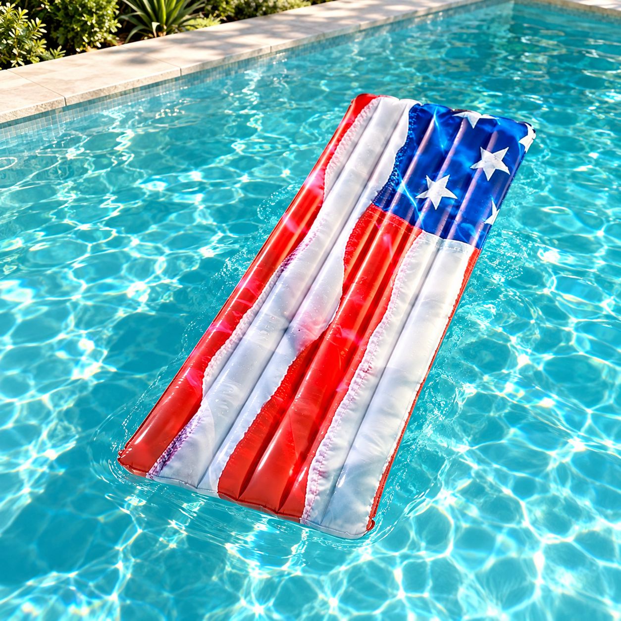POOLCANDY STARS &amp; STRIPES DELUXE INFLATABLE POOL RAFT, 74 × 30 INCHES, REALPRINT AMERICAN FLAG DESIGN, DURABLE PVC – US4402US