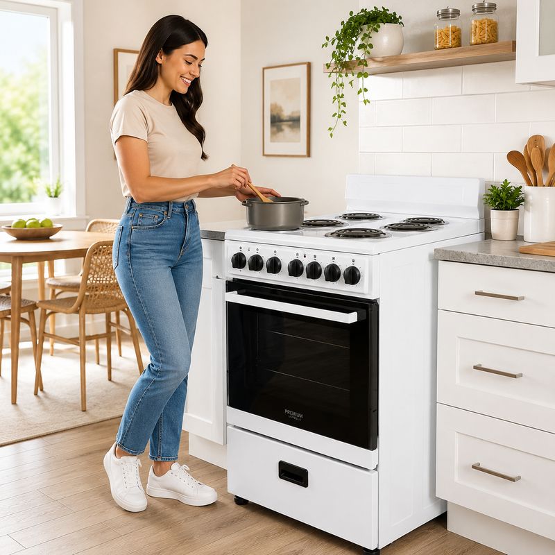 Premium Levella 24" Freestanding Electric Range with 2.6 Cu. Ft. Oven, 4 Coil Burners, Mirrored Oven Door, 220V, White (PRE2425GW)