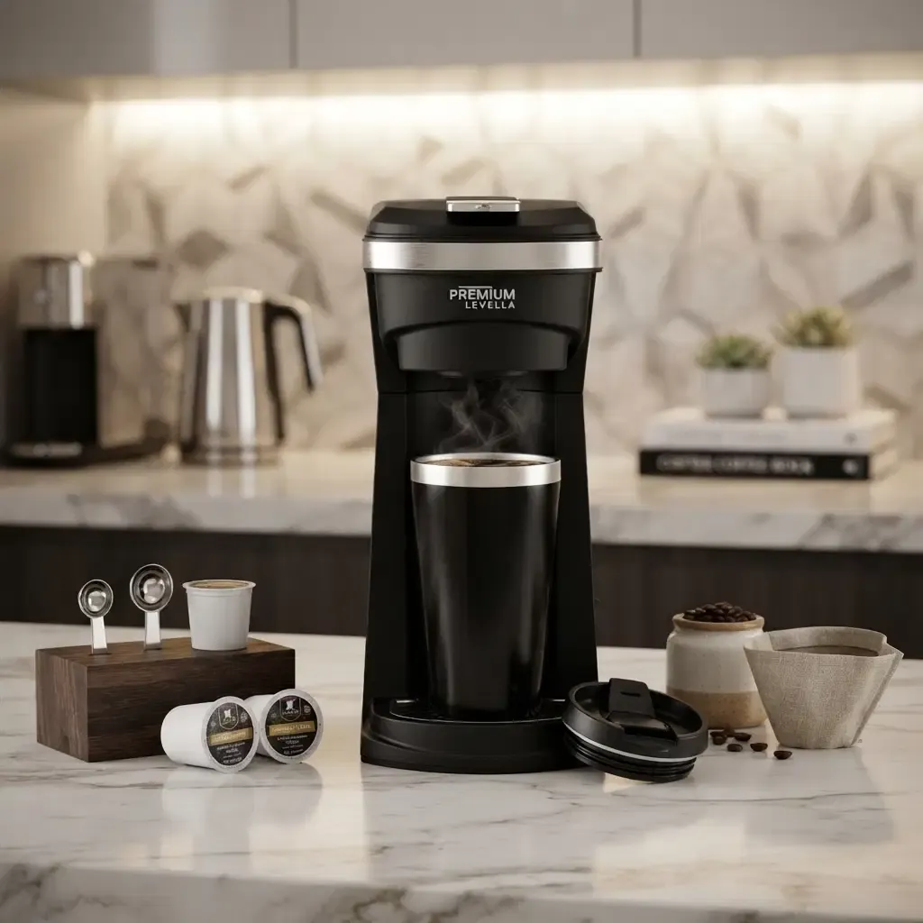 Premium Levella 2-in-1 K-Cup and Ground Coffee Maker with 14 Oz Stainless Steel Travel Mug, 800W One-Touch Brewing, Black (PCMKC155)
