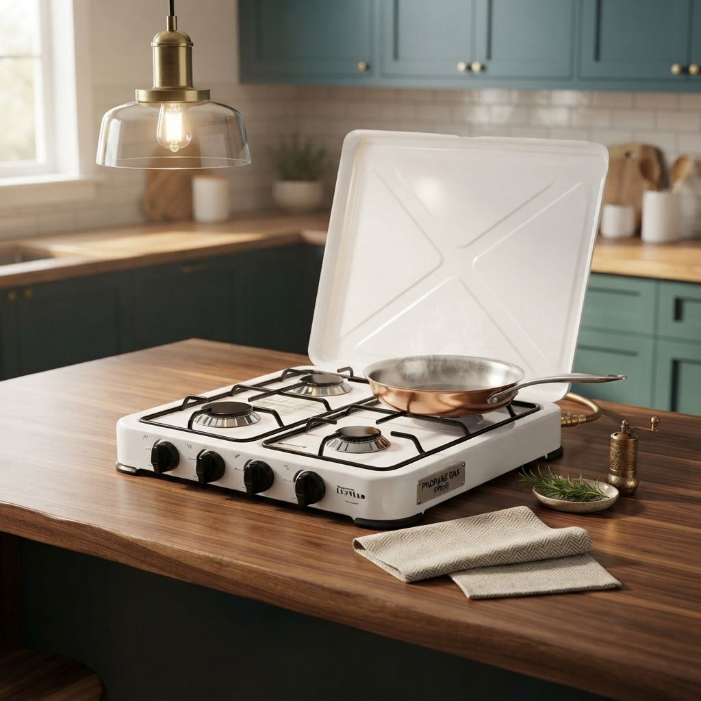 Premium Levella Portable Gas Stove 4 Burner With Stainless Steel Top, Manual Ignition, Propane Gas, White (PPS45)