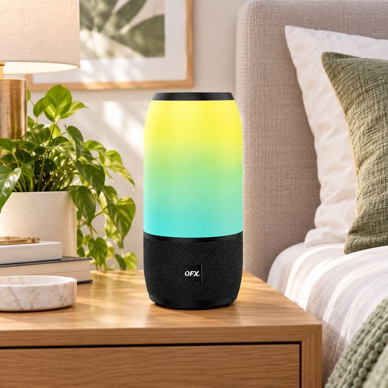 QFX 4 INCH LED BLUETOOTH SPEAKER WITH NIGHT LIGHT WIRELESS AUDIO FM RADIO USB TF AUX TWS AND RECHARGEABLE BATTERY BT-22-BLK