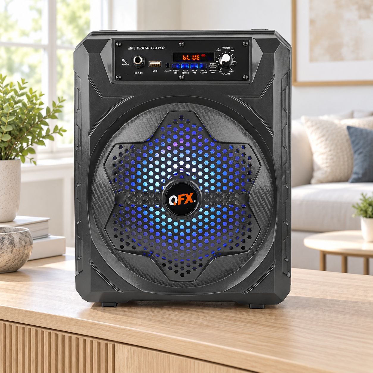 QFX 8-Inch Rechargeable Bluetooth Portable Party Speaker with TWS, LED Party Lights, FM Radio and USB Playback, Black – BT-84-BLK