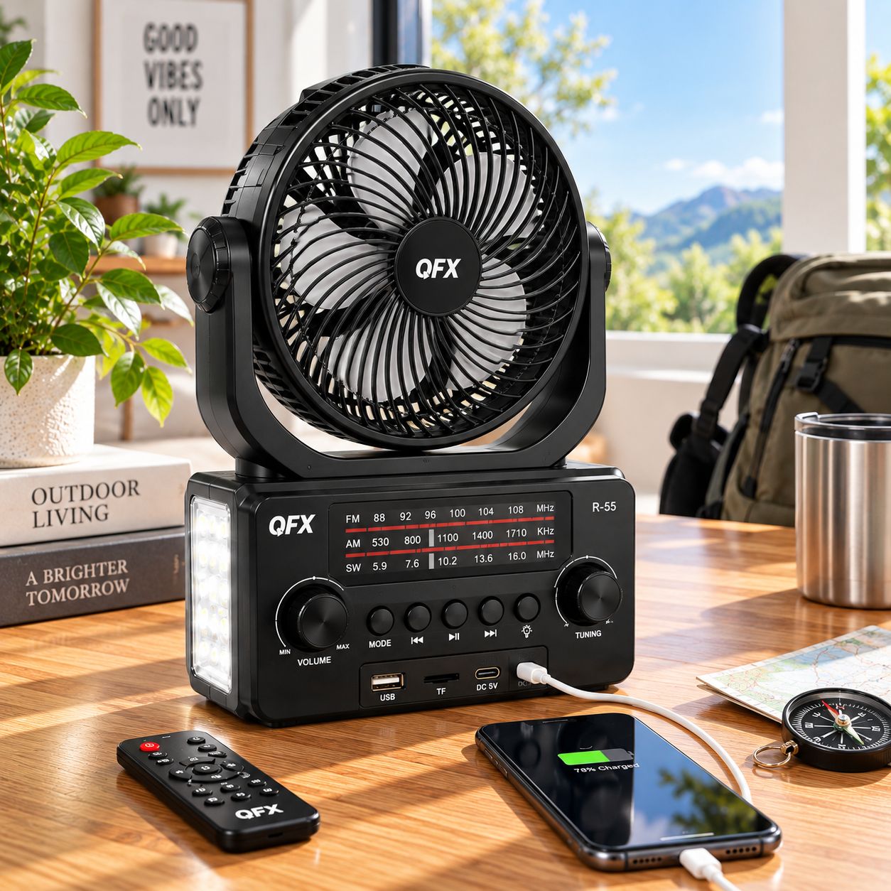 QFX Solar Rechargeable Bluetooth 3-Band AM/FM/SW Radio with 6-Inch Oscillating Fan, LED Light, USB/TF MP3 Player and Phone Charger R-55
