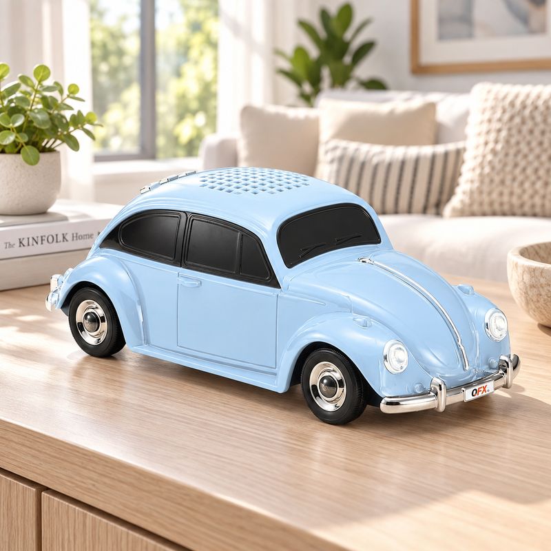 QFX 1960 Bug Retro Car Replica Rechargeable Bluetooth Speaker with 2-Inch Driver, Bass Radiator, TWS, FM Radio and LED Party Lights, Blue – BT-1960-BLU