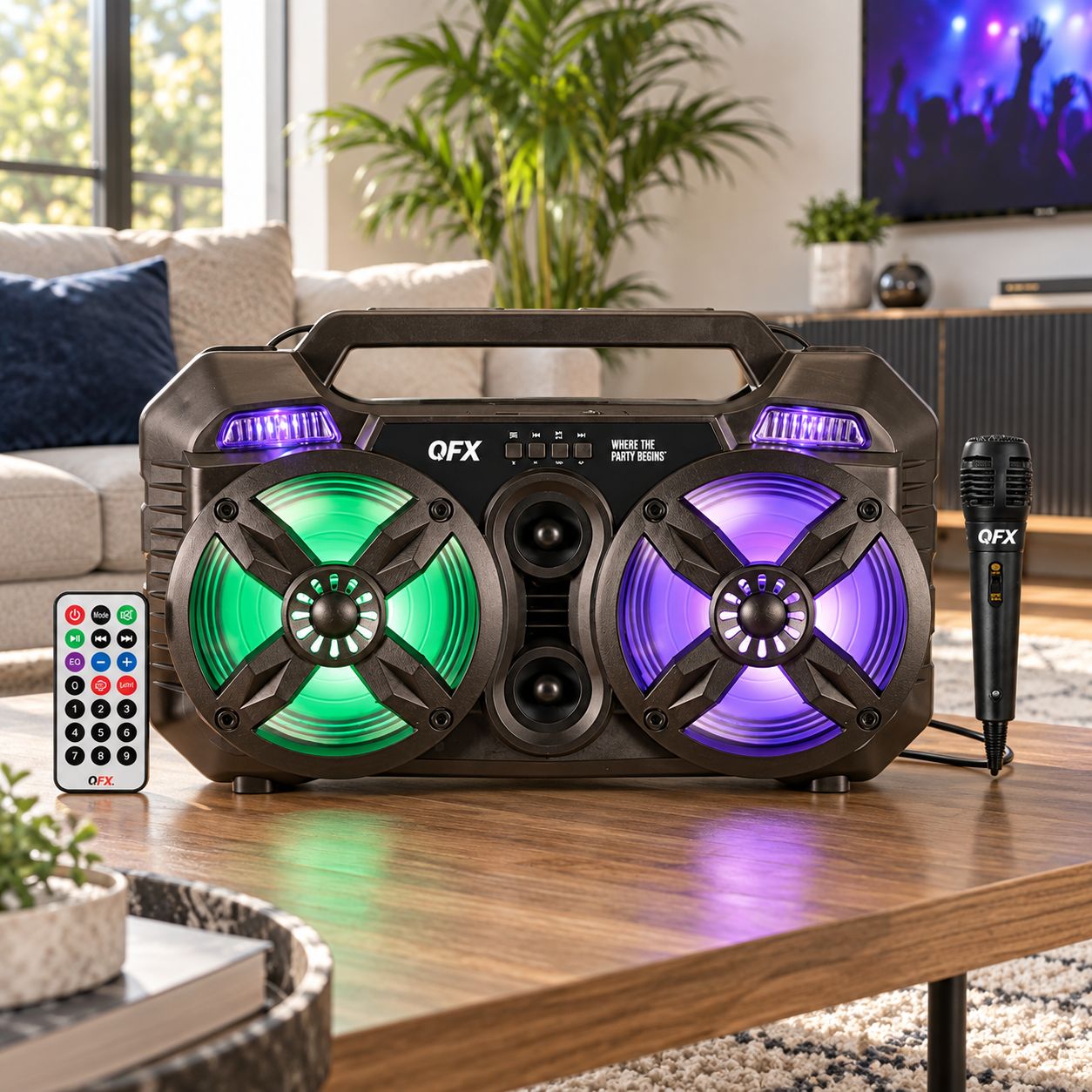 QFX 15W RMS Dual 6.5-Inch Bluetooth Rechargeable Boombox with TWS, USB, microSD, FM Radio, LED Party Lights, Wired Microphone and Remote Control, Black, PBX-262