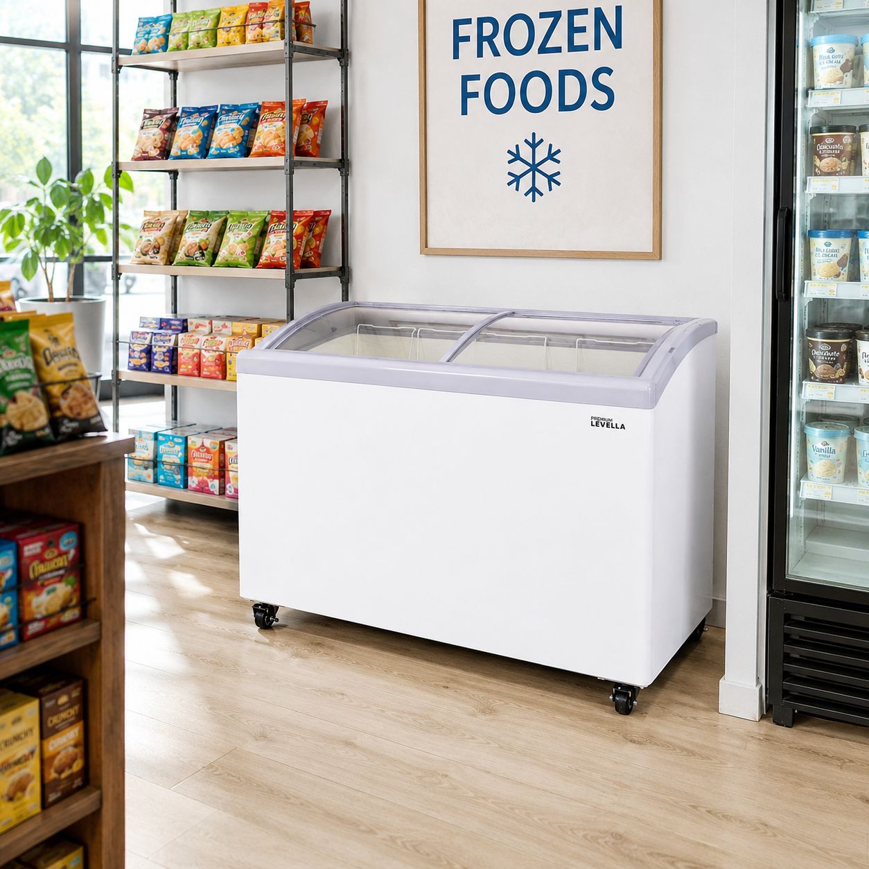 Premium Levella Commercial Glass Door Display Freezer, 7.4 Cu. Ft. Convertible Freezer/Refrigerator with Curved Sliding Glass Top, White (PFR740G)