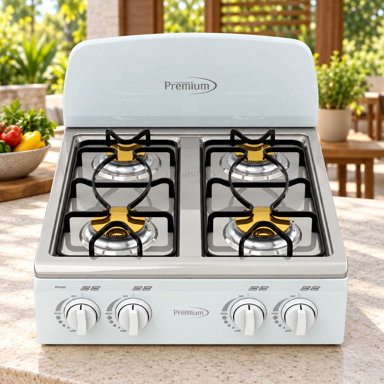PREMIUM LEVELLA 4-Burner Portable Gas Stove with Automatic Ignition, Stainless Steel Cooktop, Enamel Grates and White Body – ONLY EXPORT – No Warranty – PPS405
