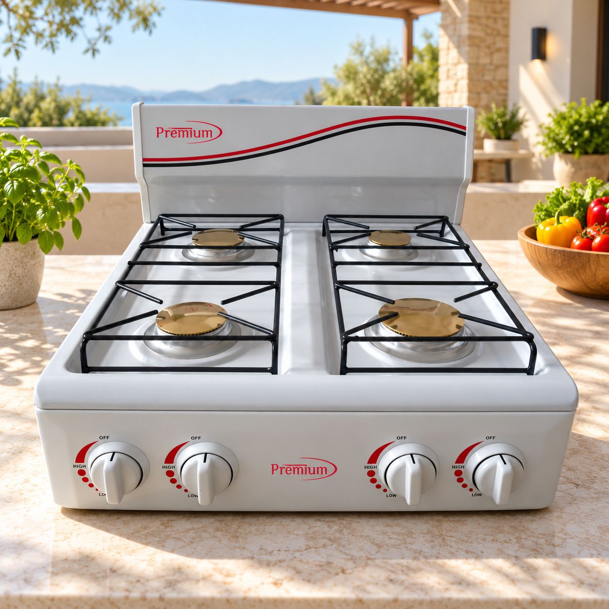 PREMIUM LEVELLA 4-Burner Portable Gas Stove with Manual Ignition, Enamel Grates, Brass Burner Caps and White Frame – ONLY EXPORT – No Warranty – PPS403