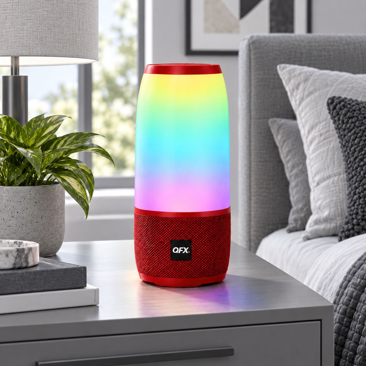 QFX 4 INCH LED BLUETOOTH SPEAKER WITH NIGHT LIGHT WIRELESS AUDIO FM RADIO USB TF AUX TWS AND RECHARGEABLE BATTERY BT-22-RED