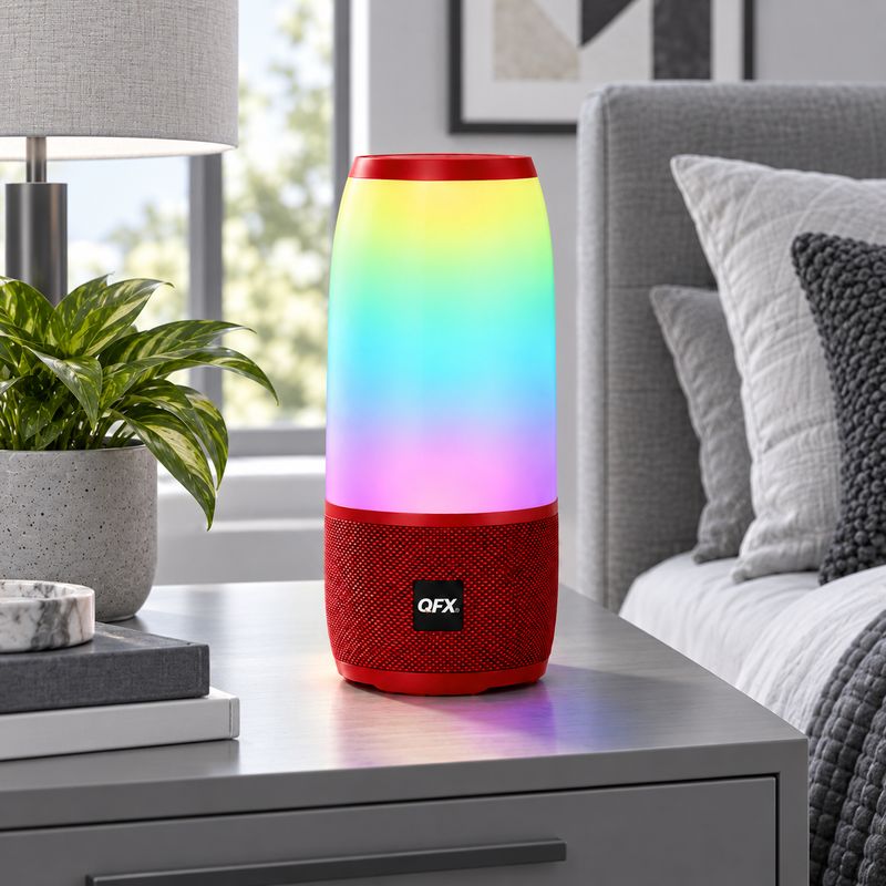 QFX 4 INCH LED BLUETOOTH SPEAKER WITH NIGHT LIGHT WIRELESS AUDIO FM RADIO USB TF AUX TWS AND RECHARGEABLE BATTERY BT-22-RED