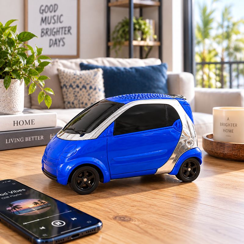QFX SMALL CAR SHAPE PORTABLE BLUETOOTH SPEAKER WITH RETRO CAR DESIGN AND WIRELESS AUDIO BLUE BT-2000-BLU